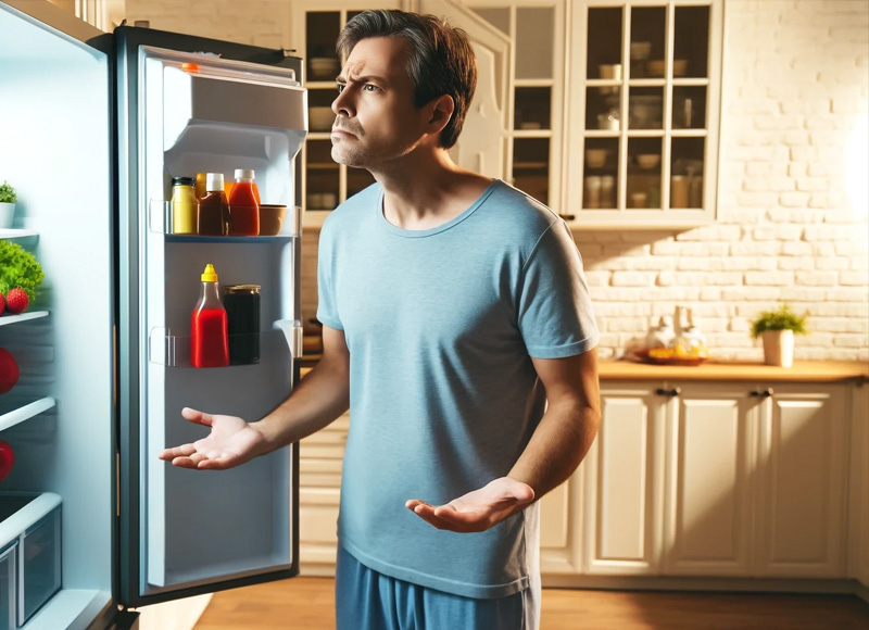 man looking confused inside of fridge